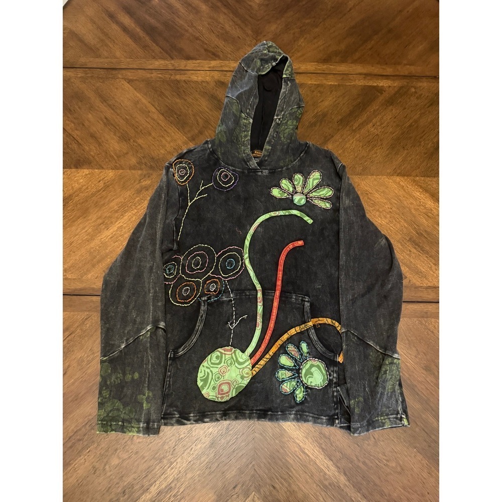 Rising International Acid Wash Boho Floral Patchwork Hoodie Large Nepal Cotton